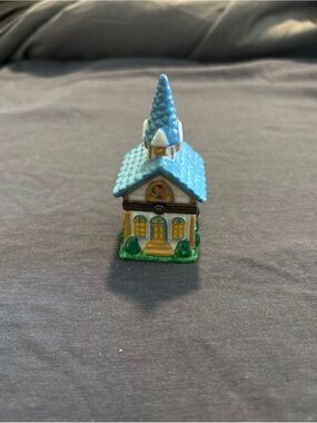 Miniature Ceramic Church Figurine with Blue Roof